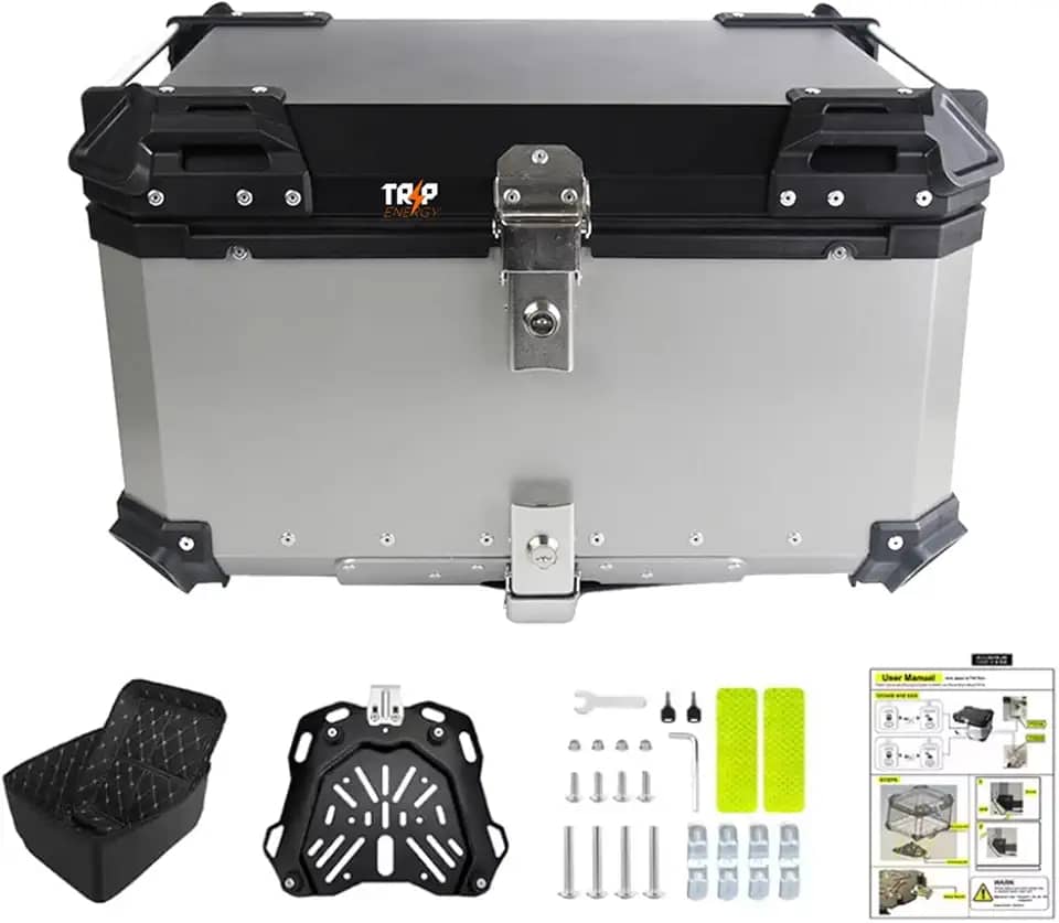 Baú Traseiro Moto Alumínio 65 Litros Suporte Universal Impermeável Reforçado Seguro Bagageiro Universal Top Case Grande Comporta 2 Capacetes Grande Capacidade (Prata)