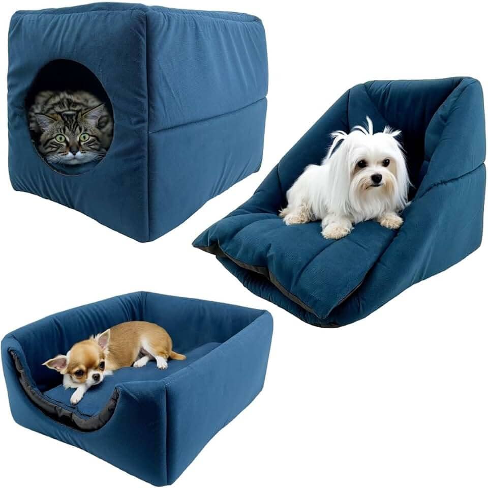 Cama Toca Iglu 3 em 1 Suede Cachorro Gato Frio Quente Pet P (Azul)