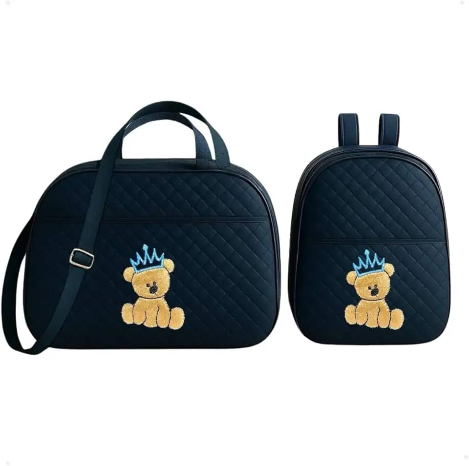 Kit Bolsa E Mochila para Bebê Saida Maternidade Urso Bordada