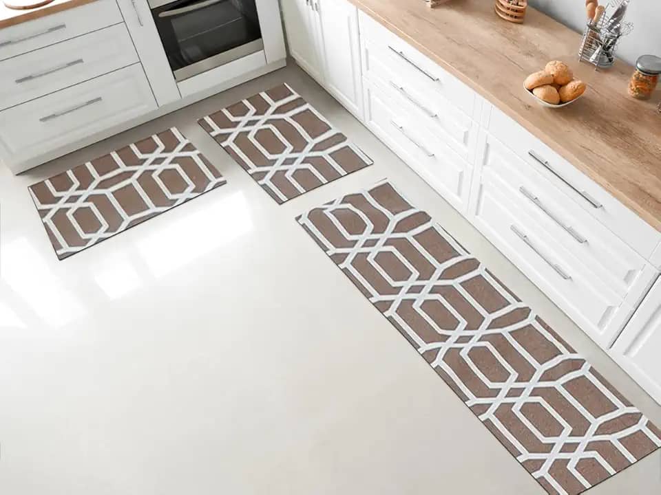 Jogo Tapete e Passadeira para Cozinha Antiderrapante em Jacquard - 1,30x0,45m e 65x45cm (Diamantes Caramelo)