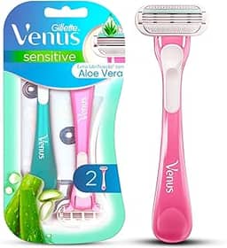 GILLETTE Venus Sensitive, Aparelho de Depilação Feminino, 2 Aparelhos Descartáveis com um toque de aloe vera, Depilação Corporal para Pele Sensível