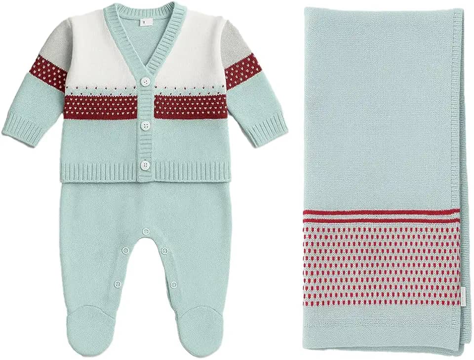 Saída de Maternidade Tricô Azul com Casaco e Manta – Kit Bebê Completo