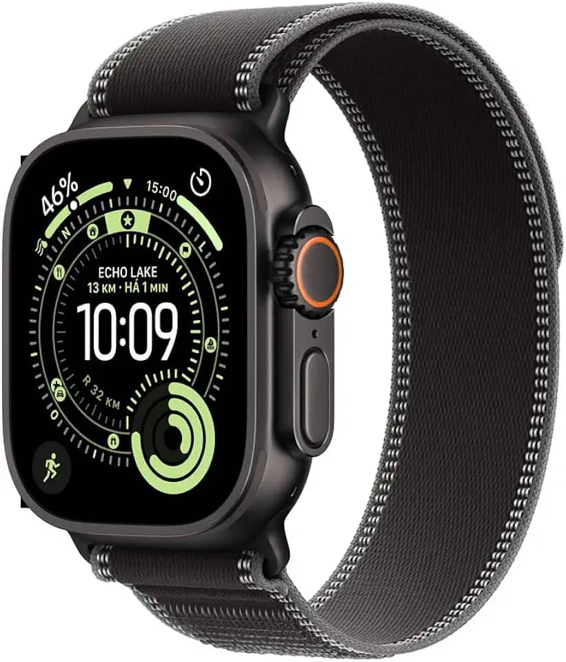 Apple Watch Ultra 3 GPS + Cellular, Caixa em titânio preto de 49 mm com Loop Trail preto/carvão ‑ P/M