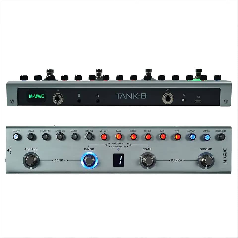 Cuvave cube baby efetor de baixo/bass,pedal de multiefeito M-VAVE Tank-B recarregável 36 predefinições 9 slots de pré-amplificador 8 slots de gabinete IR 3 efeitos de modulação/atraso/reverberação