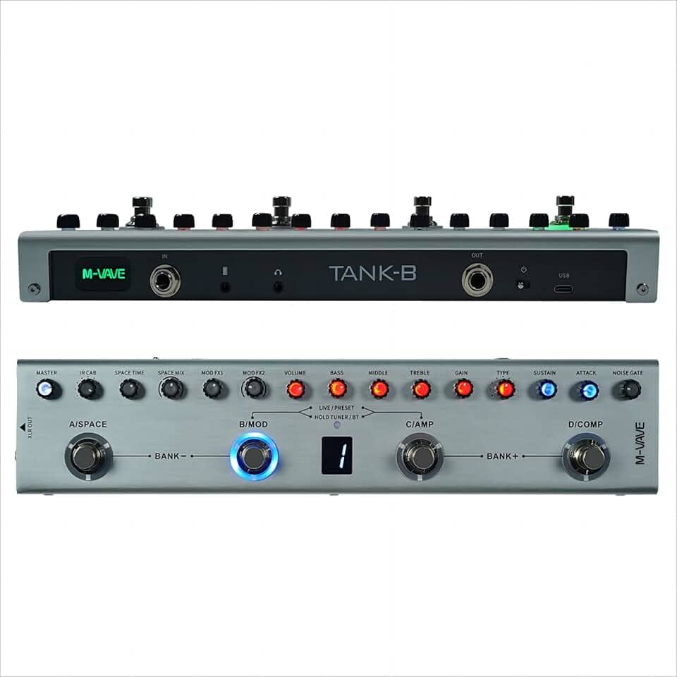 Cuvave cube baby efetor de baixo/bass,pedal de multiefeito M-VAVE Tank-B recarregável 36 predefinições 9 slots de pré-amplificador 8 slots de gabinete IR 3 efeitos de modulação/atraso/reverberação