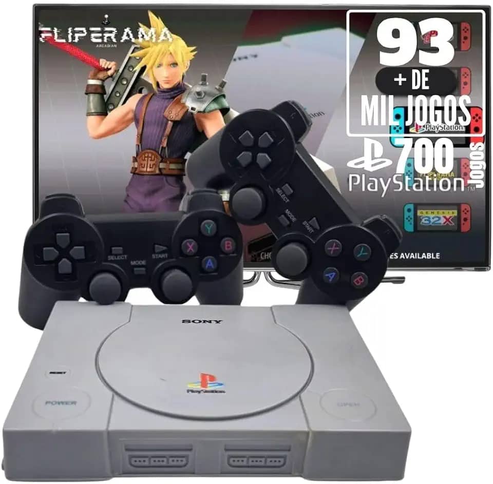 Console Retrô PSX com 93 mil jogos + 2 Controles diversos Games e Jogos + 700 Jogos PS1 (Cinza, Controles com fio)
