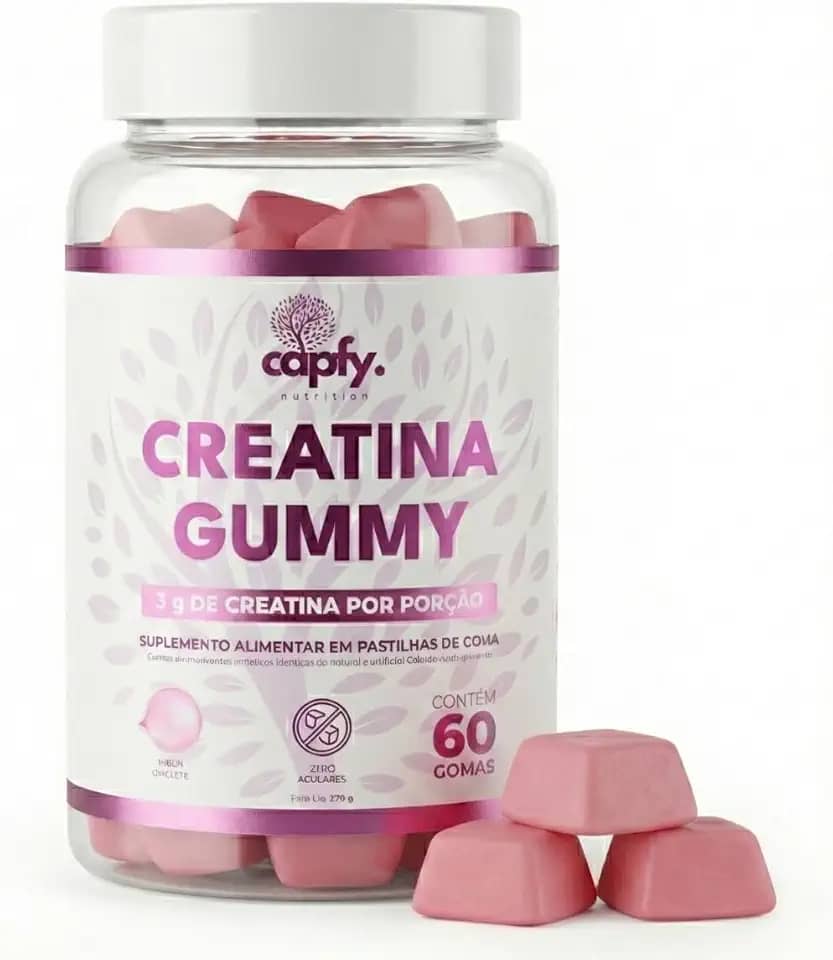 Creatina Gummy Capfy Nutrition 60 Gomas Zero Açúcar Sabor Chiclete 100% Pura 3g de Creatina Monohidratada por Dose