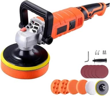 Politriz Profissional 1580W - 7 Velocidades Ajustáveis (500-3600 RPM) para Polir, Encerar e Remover Arranhões em Carros, Motos, Mármore e Madeira - Kit Completo com Acessórios (Laranja, 220V)