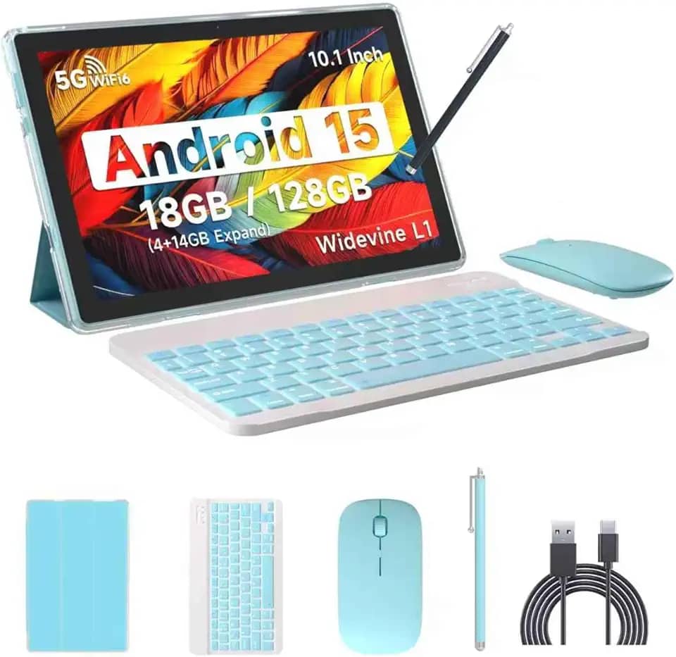 Tablet Android 15, 10 polegadas 18 GB de RAM + 128 GB de ROM/tablet expansível de 2 TB, processador quad-core de 2,0 GHz, tela sensível ao toque HD 1280 x 800, WiFi 5 G 6 BT 5.0, tablets 2 em 1