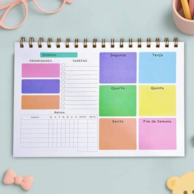 Planner Semanal Espiral Não Datado Colorido 50 Folhas Capa Transparente Tarefas Rotinas Prioridades Organização