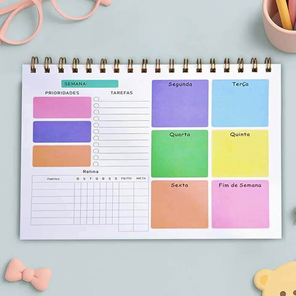 Planner Semanal Espiral Não Datado Colorido 50 Folhas Capa Transparente Tarefas Rotinas Prioridades Organização