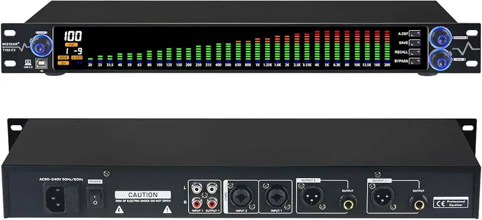 MIZISNR Equalizador digital para sistema de áudio estéreo doméstico, equalizador gráfico de canal duplo profissional de 31 bandas com ajuste de PC, redução de ruído e visor de analisador de espectro