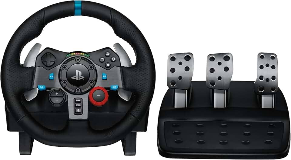 Logitech G Volante de corrida e pedais de chão 29 Driving Force, feedback de força real, câmbio de aço inoxidável, capa de volante de couro para PS5, PS4, PC, Mac - Preto