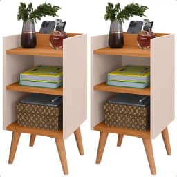 Mesas de Cabeceira Charme Compacta com Pés Retrô Nicho e Prateleira Conjunto com 2 Unidades (Off White/Cinamomo)