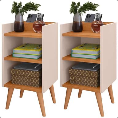Mesas de Cabeceira Charme Compacta com Pés Retrô Nicho e Prateleira Conjunto com 2 Unidades (Off White/Cinamomo)