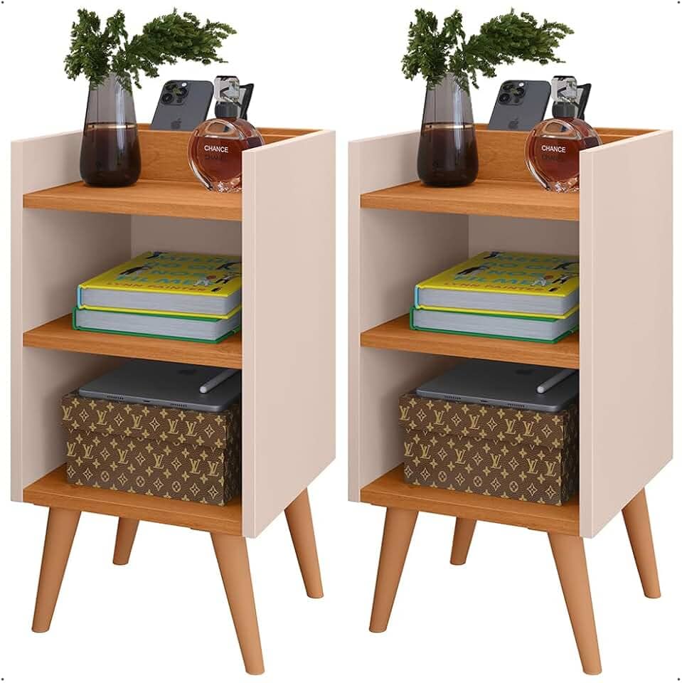 Mesas de Cabeceira Charme Compacta com Pés Retrô Nicho e Prateleira Conjunto com 2 Unidades (Off White/Cinamomo)