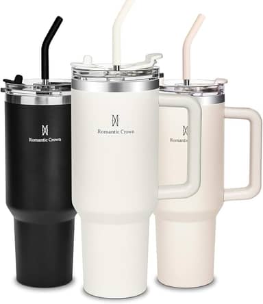 Romantic Crown Copo Térmico com Canudo Tampa e Alça 1,18L, Copos Garrafas Termico para viagem vácuo dupla camada aço inoxidável, Caneca Termica Cafe Água Chá,Presente, Fitness (Creme)