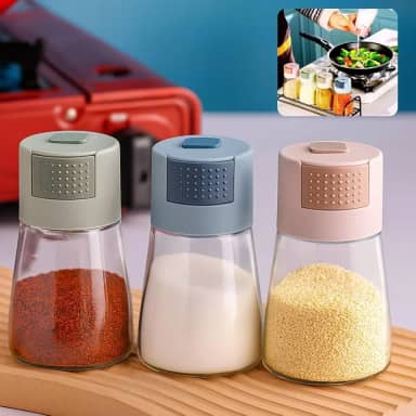 Jogo 3 Porta‑Condimentos em Vidro 180 ml – Tampa Dosadora de 0,5 g – Pimenta e Porta Sal, Saleiro de Mesa Saleiro e Pimenteiro – Vidro Transparente e Tampa Prática - Ergonômico para Cozinha Premium