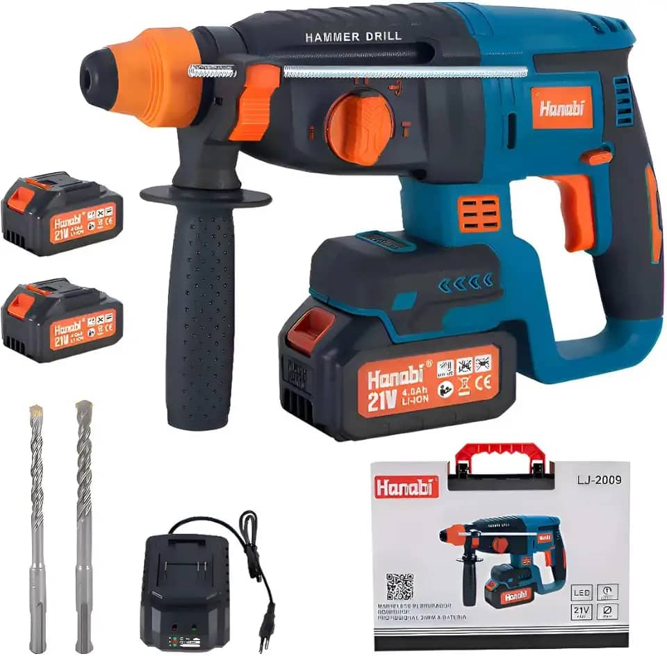 Hanabi Martelete Perfurador Bateria 21V 4.0Ah Furadeira Martelete Profissional Sem Fio 2 Baterias 1300Rpm Furadeira De Impacto Sds Plus 13mm 26mm