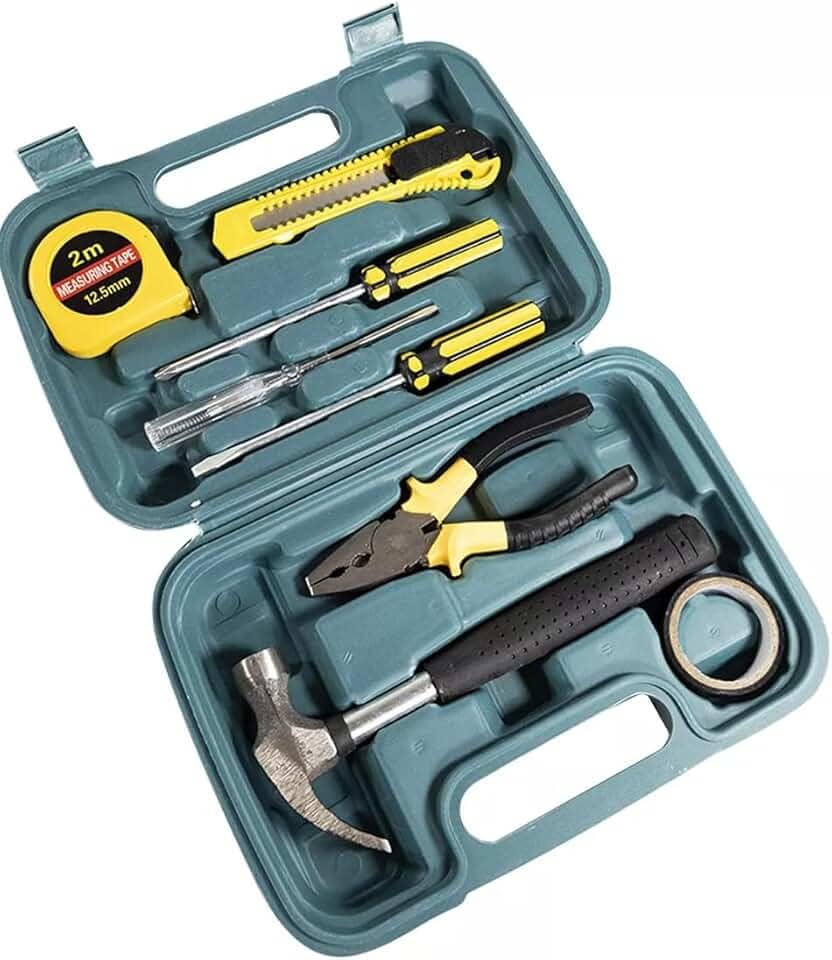 1 Kit de Ferramentas Manuais 9 Peças LEPORT, Estojo Azul com Martelo, Alicate e Chaves, Trena 2m