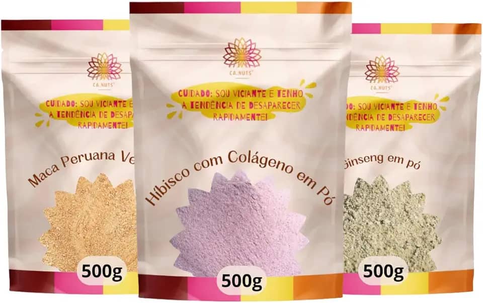 Kit Saúde Feminina - Maca Peruana Vermelha, Gingeng em Pó e Hibisco em Pó com Colágeno Ca.Nuts