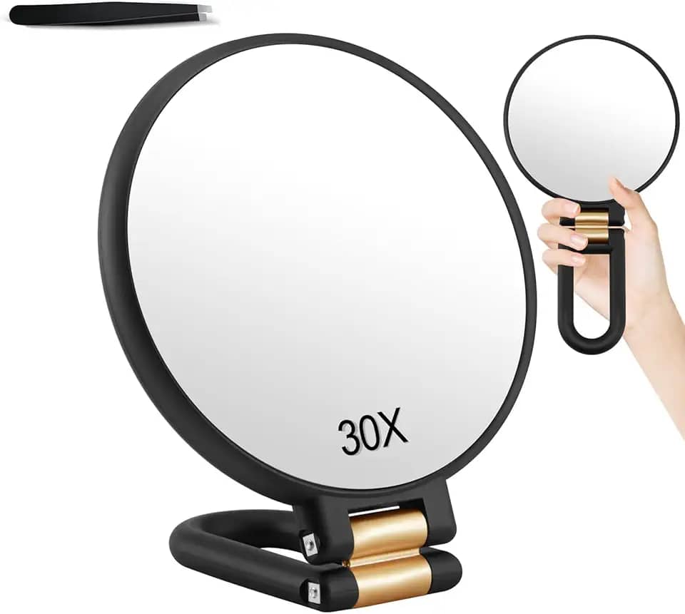 Espelho de Viagem de Aumento 30X/1X, Espelho de Mão Dupla Face com Alça e Pinça, Essencial de Viagem Espelho de Maquiagem Dobrável Portátil para Maquiagem de Precisão Preto