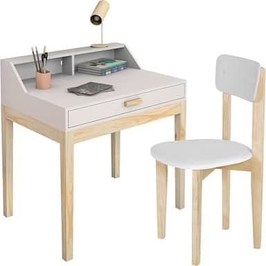 escrivaninha com cadeira para quarto infantil 1 gaveta mdf pes de madeira rustico (Branco)