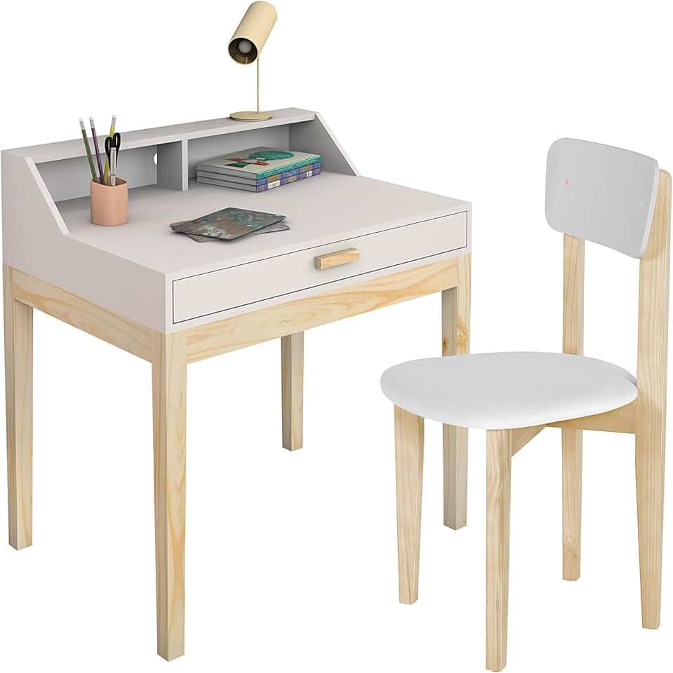 escrivaninha com cadeira para quarto infantil 1 gaveta mdf pes de madeira rustico (Branco)