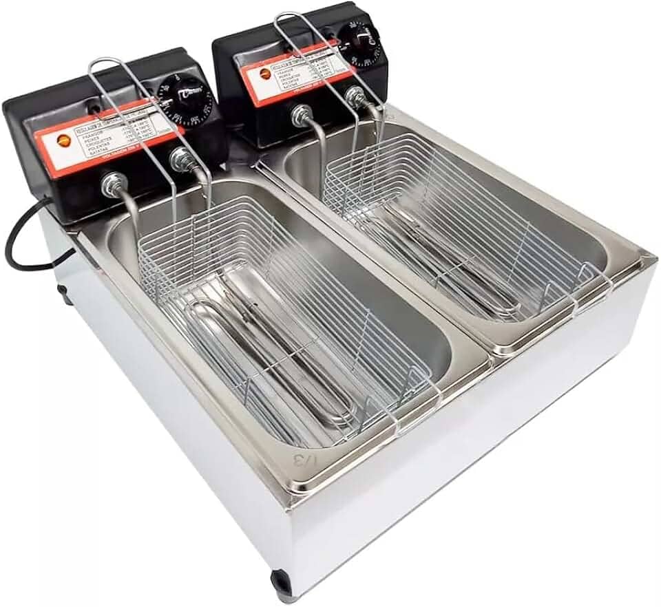 Fritadeira Elétrica com Óleo Industrial Inox, 2 Cubas, 7L 1500W Termostato até 300°C (110V)