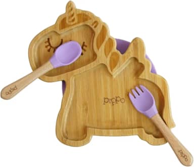 Kit Prato de Bambu Unicornio + Talheres em Bambu e Silicone Lavanda | Pippo