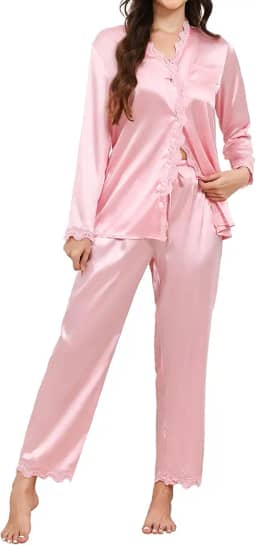 Conjunto de pijama feminino de seda com botão, 2 peças, de cetim, manga curta, calça comprida, conjunto de pijama de renda