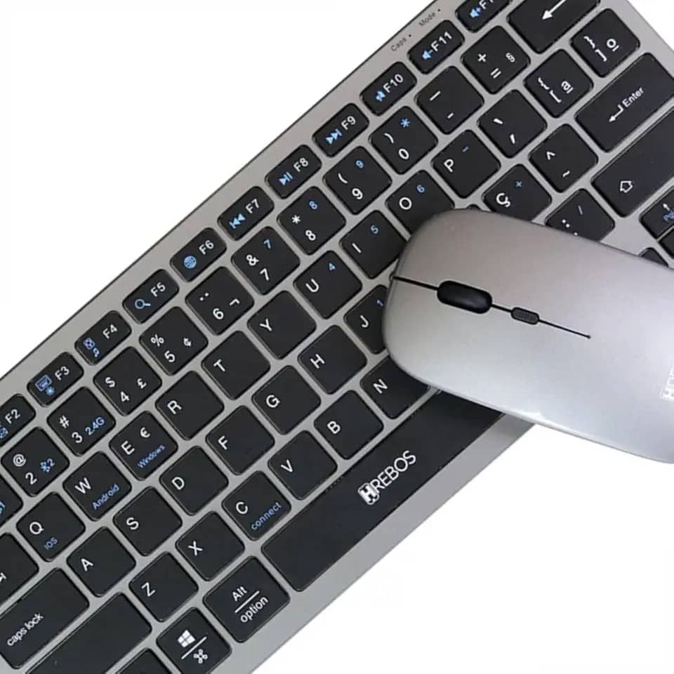 Teclado e mouse sem fio recarregável wireless bluetooth USB kit HRebos HS-525k (Cinza)
