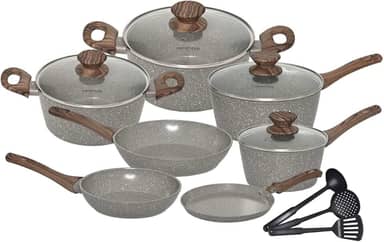 Mimo Style Conjunto 7 panelas de indução + 3 acessórios, Aluminio, 2 camadas de revestimento cerâmico, 1 camada resistente à alta temperatura (Grafitto)