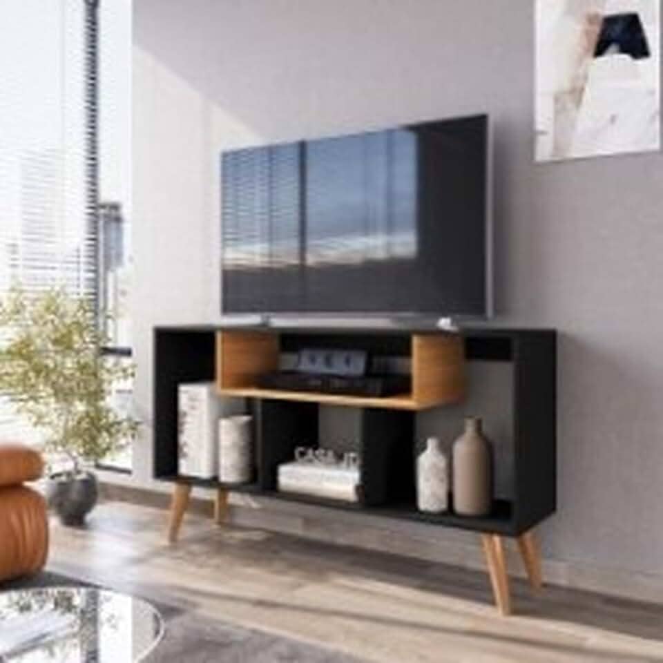 Rack Bancada Para Tv De Até 43 Polegadas Com Prateleira E Nichos Para Sala De Estar Casa Jd (Preto/Nature)
