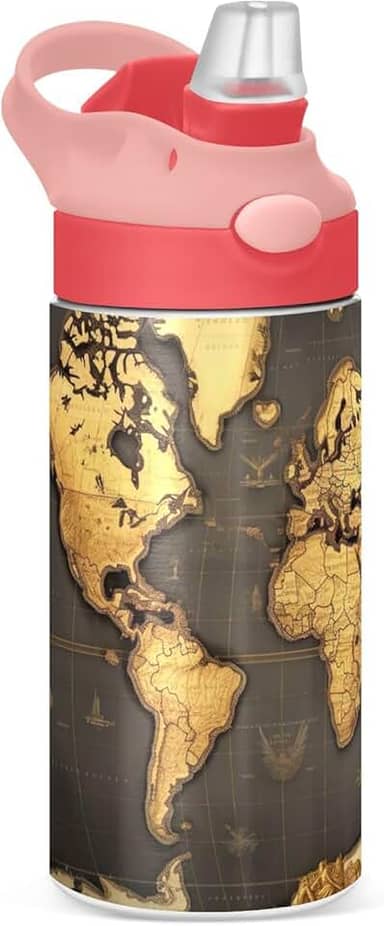 Garrafa de água infantil isolada com tampas de canudo Garrafas de água de aço inoxidável para crianças Mapa do Mundo de 350 ml