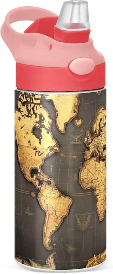 Garrafa de água infantil isolada com tampas de canudo Garrafas de água de aço inoxidável para crianças Mapa do Mundo de 350 ml