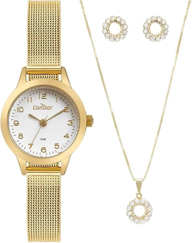 Relógio de Pulso Feminino Condor Dourado + Colar e Brincos CO2035MZS/K4X