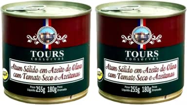 Atum Sólido Tours em Lata - Azeite de Oliva com Tomate Seco e Azeitonas - 2 Unidades de 255g Cada