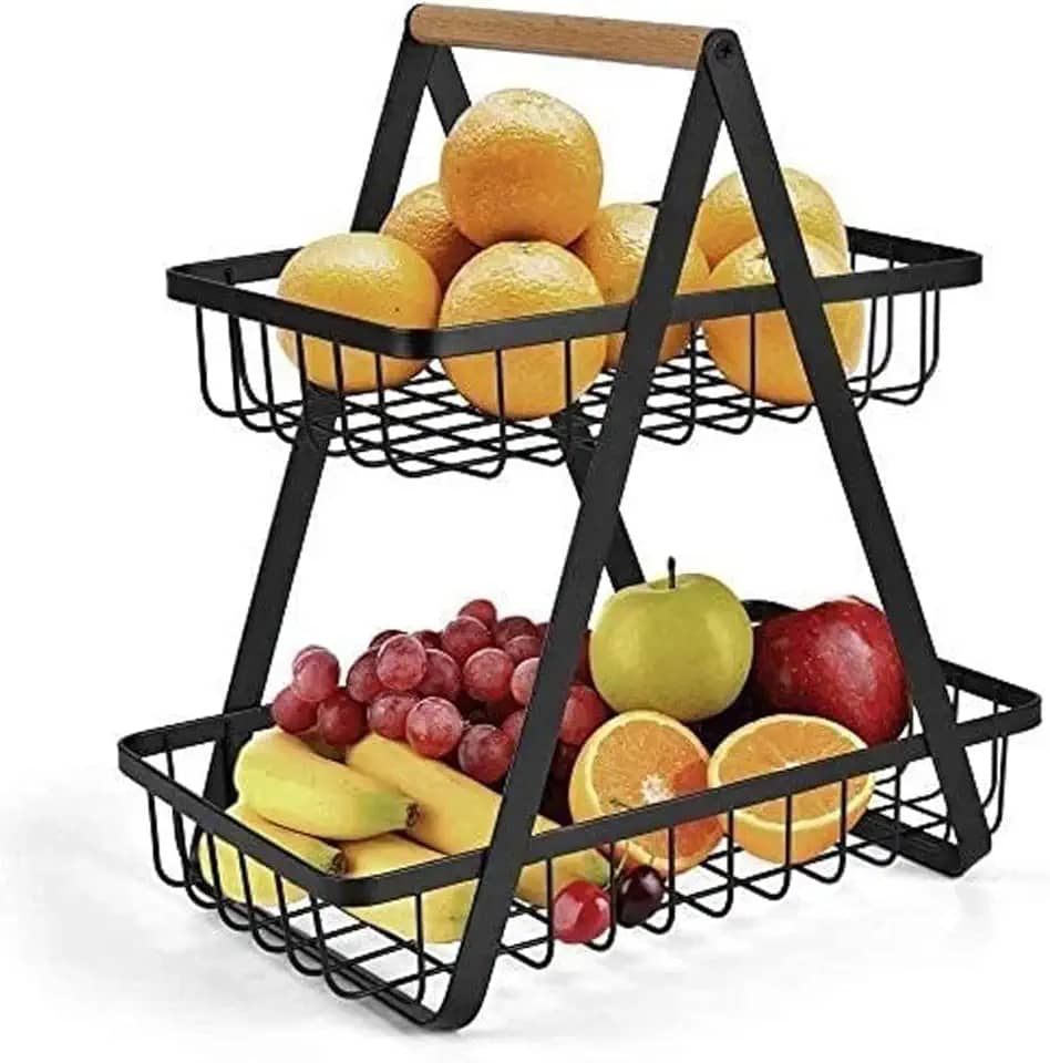 Fruteira Cesto de Mesa 2 Andares em Metal Preto com Alça de Madeira pequena – Cesta Organizadora de Frutas Decorativa para Cozinha e Sala (preto) Premium