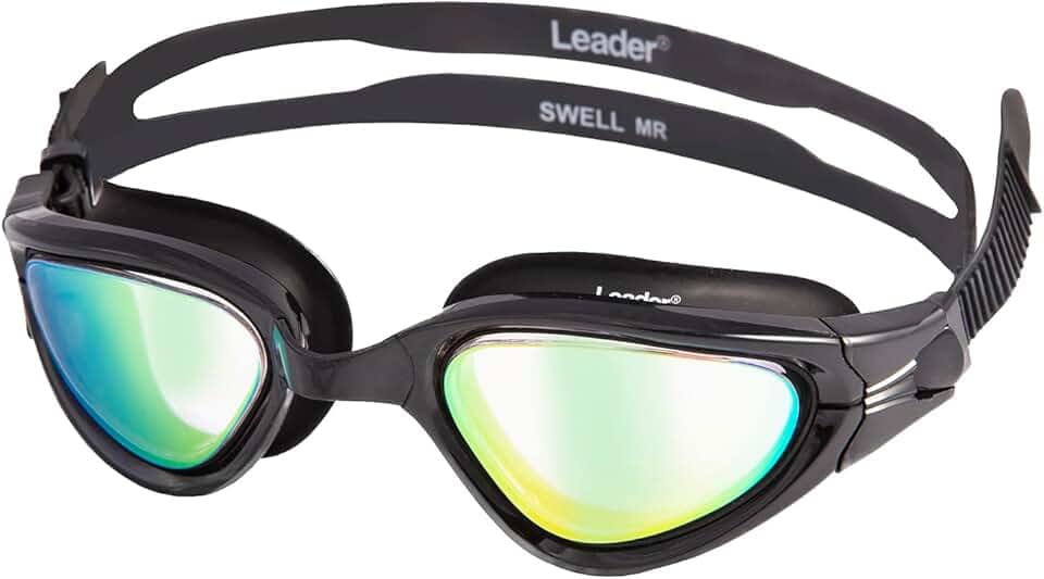 Leader Glasses- Óculos de Natação Swell Mirror Preto – Leader Brasil – Lentes Espelhadas Antiembaçantes, Proteção UV, Silicone Duplo e Alta Vedação