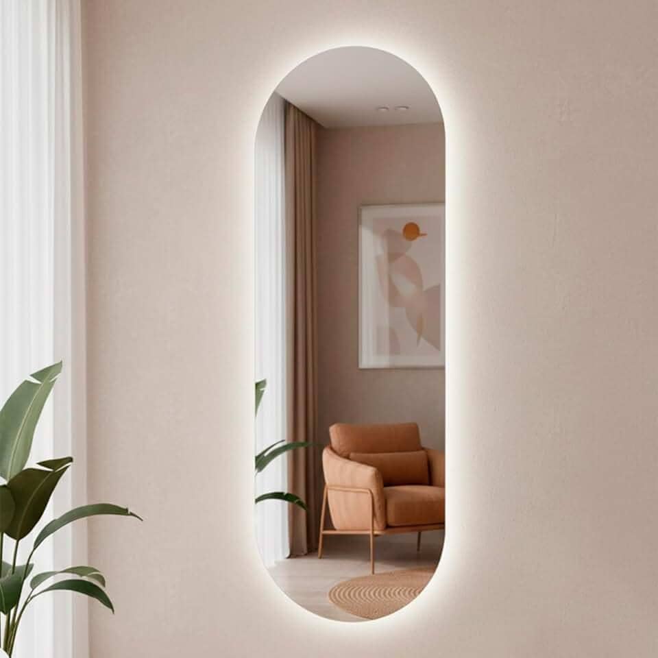Espelho Orgânico Pílula 150x50 com Led Grande de Parede Decorativo para Sala Quarto Banheiro (Led Quente)