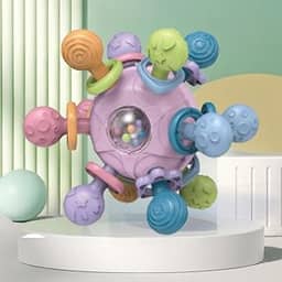 Mordedor Massageador Estímulos Sensoriais com Texturas Cores Alegres Hastes Flexíveis e Leves Ideal para Dentição, Coordenação Motora e Mãozinhas Pequenas. Material Esterilizável e Seguro. Brinquedo Multifuncional para Bebês (Rosa)