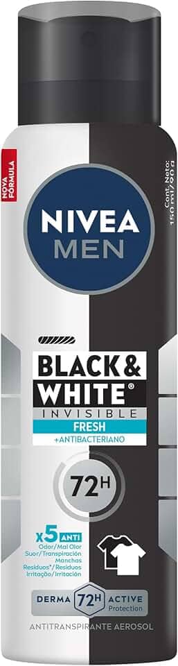 NIVEA MEN Desodorante Antitranspirante Aerossol Invisible Black & White Fresh 150ml - Proteção prolongada de 48h, cuidado suave, ação antibacteriana, fórmula 5 em 1: anti-manchas