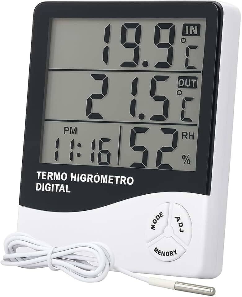 Termômetro e Higrômetro Digital Alta Precisão Memória de Máx e Mín, Relógio Integrado, Display Fácil Leitura Qualidade Premium
