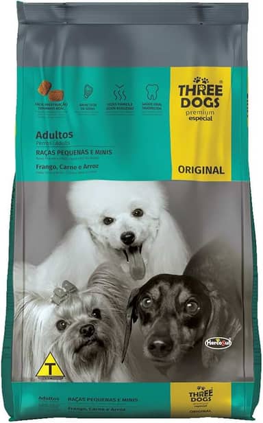 Ração Three Dogs Original para Cães Adultos de Raças Pequenas Sabor Frango, Carne e Arroz
