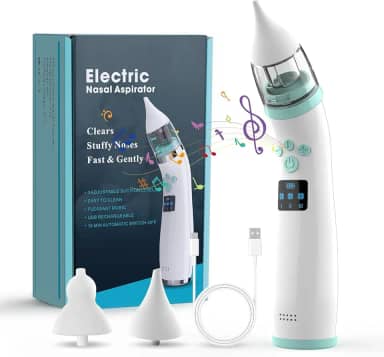 Aspirador Nasal Bebe Eletrico, Sugador Nasal Bebe Recarregável, Aspirador Nasal Bebe com 2 Cabeças de Silicone, 3 Níveis de Sucção Ajustáveis, Música e Calmante Leve