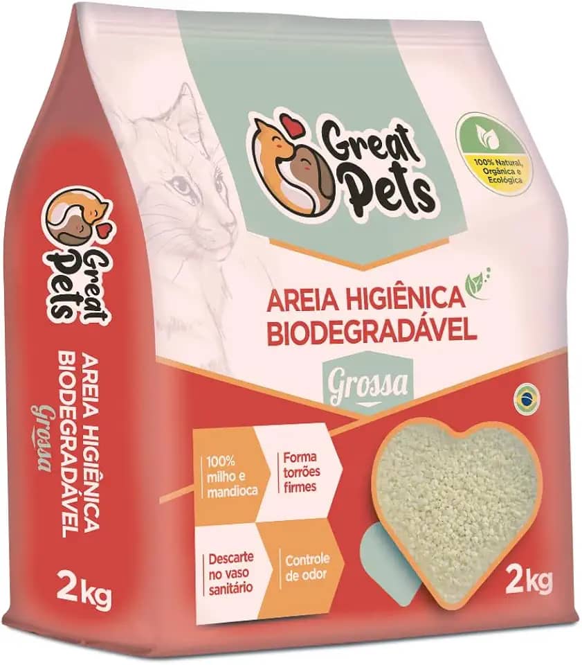 Great Pets Areia Higiênica Biodegradável Milho e Mandioca Grossa 2kg