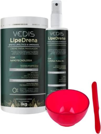 Kit Creme de Massagem e Fluido Potencializador LipeDrena Vedis + Cubeta 60ml + Espátula Espanhola -Tratamento de Lipedema e Drenagem