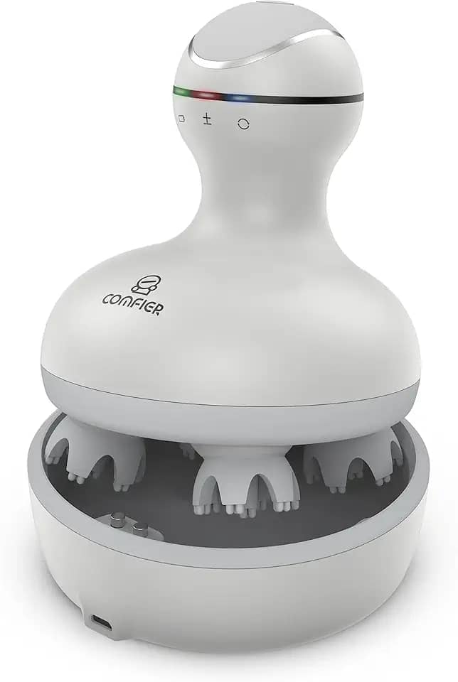 COMFIER Massageador elétrico de cabeça de couro cabeludo com 4 cabeças de massagem de silicone macio, massageador de cabelo portátil para crescimento do cabelo, alivia o estresse, arranhador de cabeça