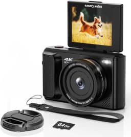 ARNSSIEN Câmera digital 4K com tela flip de 2,8 polegadas 180° - Canera compacta, câmera fotográfica, design fácil de carregar, cartão de 64 GB para viagens, zoom de 16x, bateria embutida de 1500 mAh